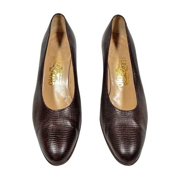 FERRAGAMO Vintage Patent Calf Visone Lizard Print Heels - Picture 4 of 12